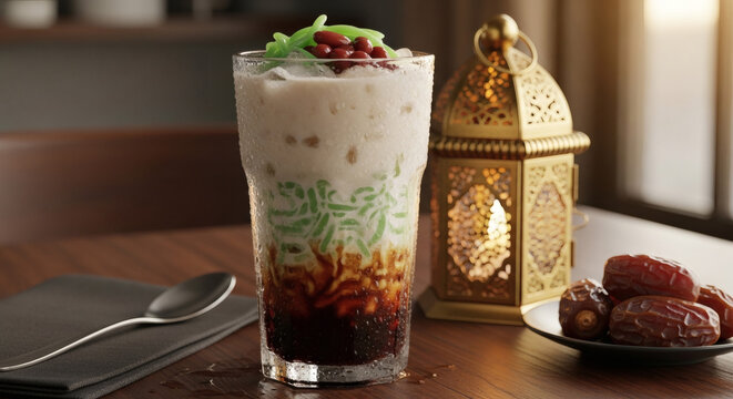 Traditional iced cendol layered with coconut milk and palm sugar, styled with a Ramadan lantern and dates on the table.
