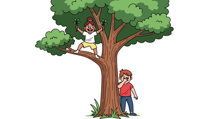 Children playing together under a large green tree in a serene outdoor setting from a distant viewpoint © John