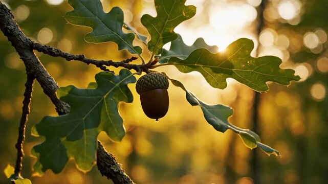 Close-up of a single acorn on an oak branch in the forest