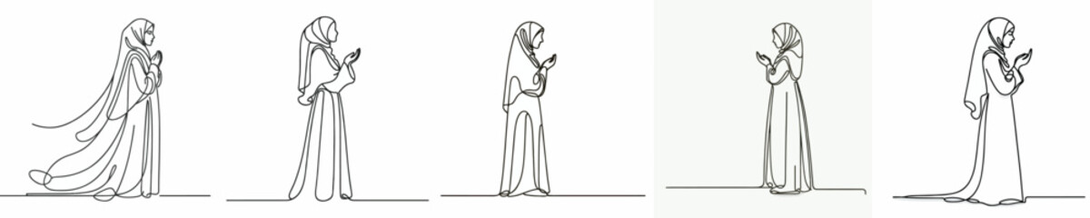 Obraz premium line art of a Muslim woman standing in prayer gesture front view