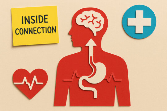 Paper cut health diagram showing anatomy with an inside connection between brain and stomach. simplified medical illustration on sticky note promotes wellness and understanding
