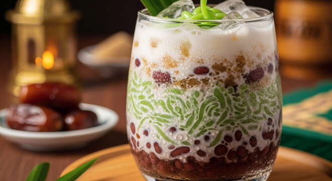 Creamy cendol dessert drink with pandan jelly, red beans, coconut milk, and palm sugar syrup in a rounded glass.