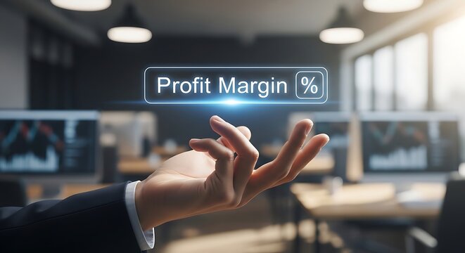 Businessman interacting with virtual profit margin percentage display in modern office.