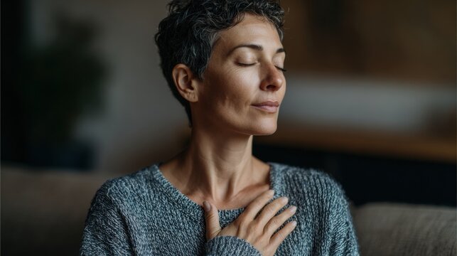 Woman closed eyes hand on chest sitting on couch practicing grounding breath at home, soft ambient light, short haircut, peaceful expression, postwork relaxation and nightly self regulation