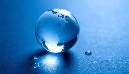 水滴の隣に置かれたガラス地球儀と濡れた青い表面