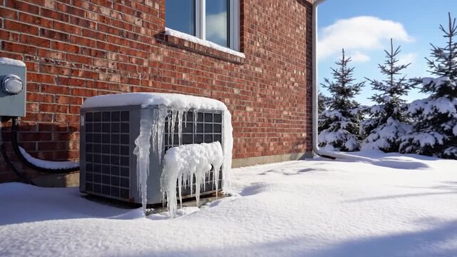 Close-up of an outdoor air conditioning unit covered in thick ice and sharp