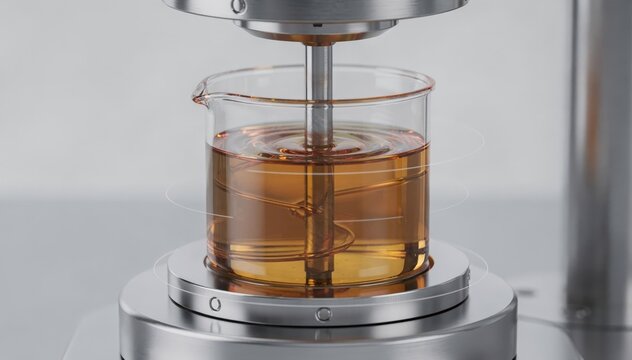 Medium shot showing rotational cup viscometer assessing viscosity by spinning oil sample highlighting torque and fluid resistance.
