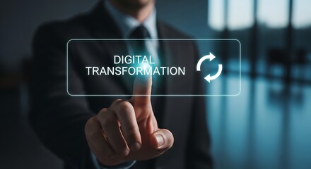 Obraz premium Businessman interacting with digital transformation interface in modern office.