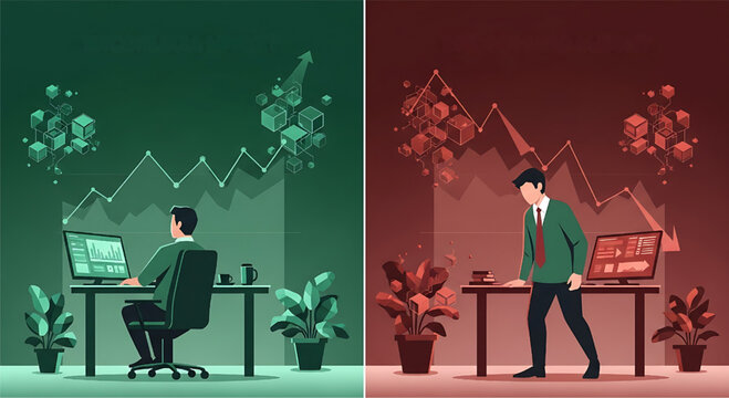 Business success and failure comparison investor market trends analysis growth decline corporate finance illustration