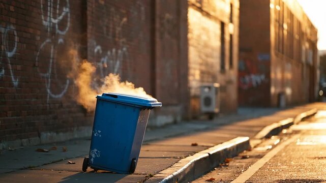 A blue trash bin emitting steam under the warm glow of sunset light on a deserted street, highlighting urban decay and environmental themes