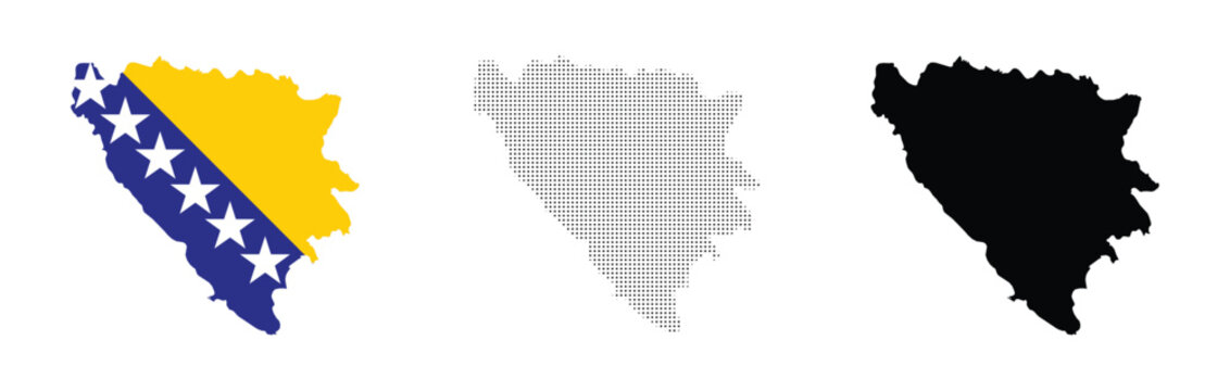 bosnia and herzegovina map with national flag halftone dotted and solid black vector set