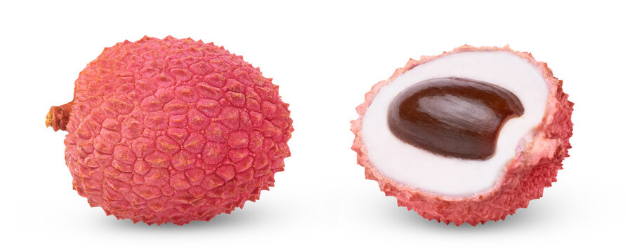 Lychees collection, set. Whole pink juicy lychee and half of lychee with seed isolated.