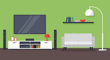 Modern living room interior with sofa, TV, lamp, and bookshelves in a cozy home setting from a frontal viewpoint. © John