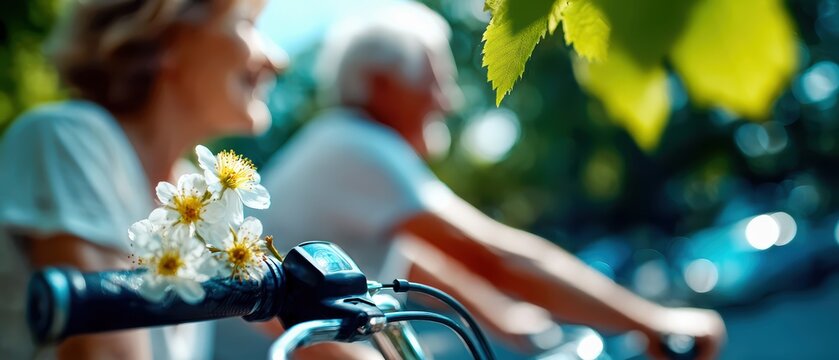 Senior couple riding bicycles in city park on sunny spring day
