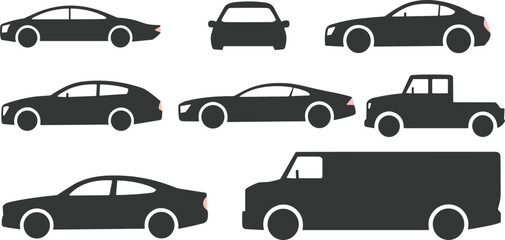 Modern Vehicle Silhouette Collection with Cars SUV Pickup and Cargo Van Side and Front Views Vector Illustration Set © Kongcon