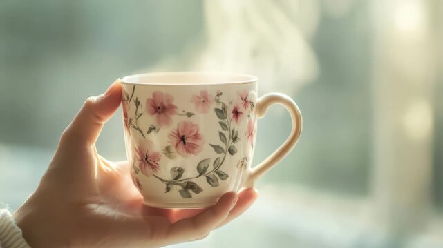 Close up of hand holding floral mug with steam rising against soft natural light background