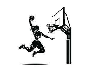 Female dunk silhouette vector silhouette illustration design, female dunk silhouette vector, women basketball dunk vector, female basketball player silhouette, women slam dunk vector, girl dunking bas © Rasel