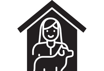 Shelter with girl and dog icon in simple line art style, black graphic illustration featuring charity, nonprofit, volunteer with pet and adoption elements for logo, symbol projects, clean composition