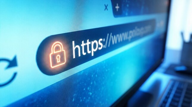 Secure website connection with https protocol and padlock icon on computer screen