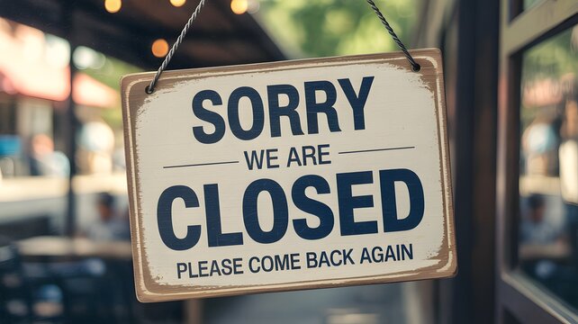Close-up photograph of a rustic wooden sign announcing a temporary business closure, politely asking customers to return later, conveying a message of unavailability