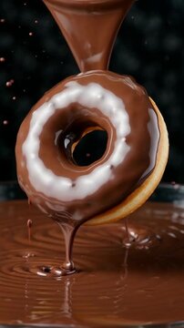 A close-up shot of a glazed donut being covered in rich chocolate syrup with droplets creating a glossy effect