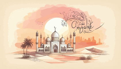 Minimal Mosque Line Drawing with Soft Artistic Watercolor Eid Mubarak Poster Design