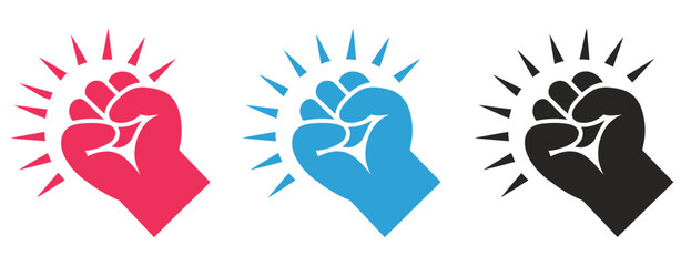 Fist hitting outline, knocking fist icon set in red, blue, and black variations, knock icon, human hand performing knocking gesture with impact lines, editable vector illustrations, flat and line  © welcome 