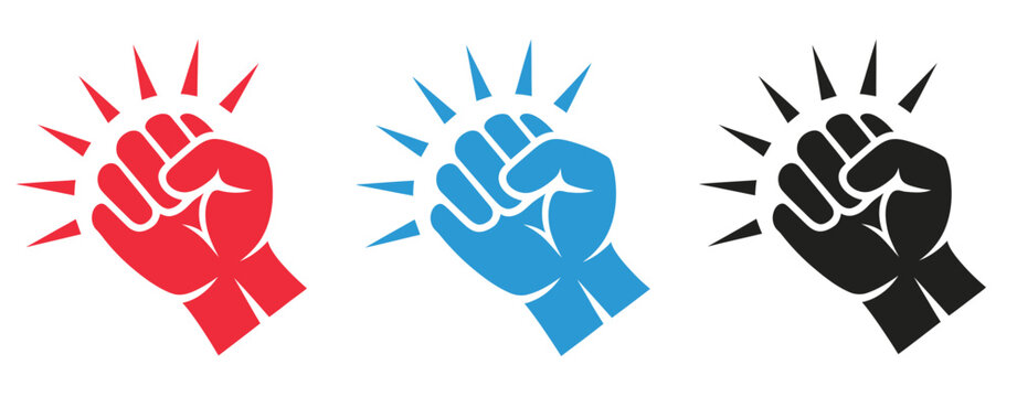 Fist hitting outline, knocking fist icon set in red, blue, and black variations, knock icon, human hand performing knocking gesture with impact lines, editable vector