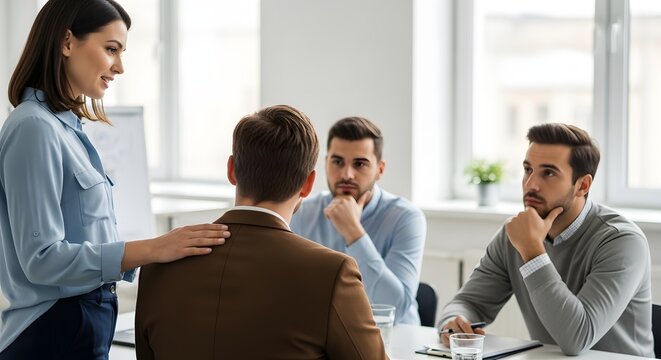 Workplace Harassment Discussion in Office Meeting, HR Conflict Resolution and Employee Support Concept, Professional Corporate Environment