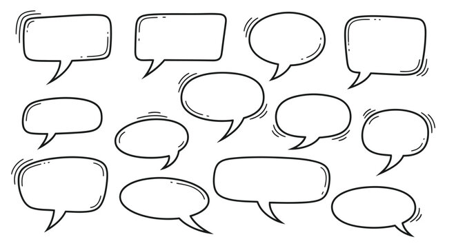 Hand drawn collection of various empty speech bubbles and chat message boxes with doodle style outlines perfect for comic book design elements or communication concepts