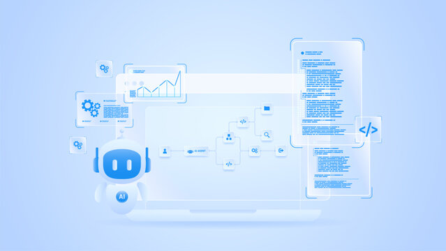 AI workflow automation artificial intelligence. ai agent workflow diagram dashboard machine learning with code editor, analytics charts, and workflow automation.