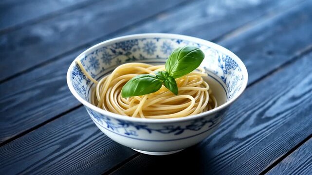 Close-up of uncooked spaghetti in a decorative bowl, garnished with a fresh basil leaf on a rustic wooden table