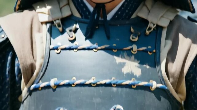 Close-up of traditional Japanese armor with detailed rope tying a secure knot, displaying craftsmanship and cultural significance
