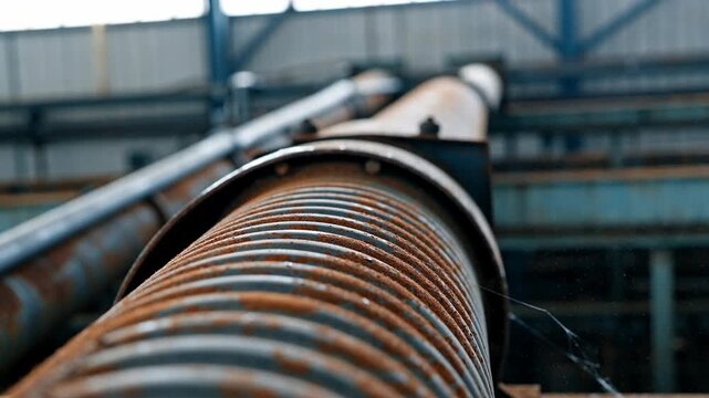Close-up view of an industrial pipe with a rusty surface and intricate threading, showcasing the texture and depth in a factory environment