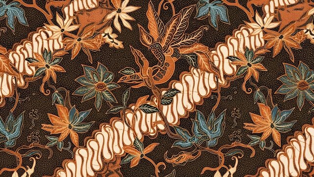 A classic brown Batik Parang design combined with elegant floral and bird motifs, representing the rich cultural heritage and artistry of Indonesia.