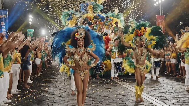 Vibrant Rio Carnival Parade With Dancers In Colorful Feathered Costumes Performing At Night Under Festive Lighting And