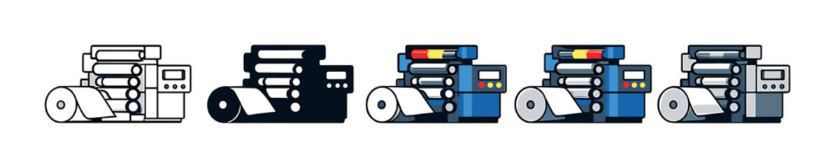 Printing machines lined up on gray gradient background
