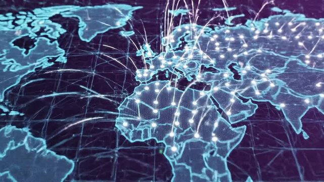 A digital world map illustrates global network connections and data flow across