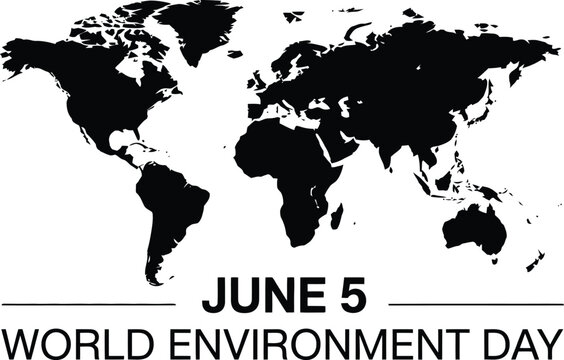 World Environment Day June 5 Typography with Bold Black World Map Silhouette for Global Ecology Awareness and Conservation Branding