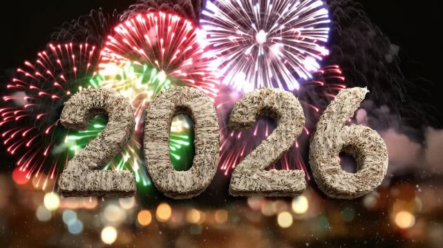 Enjoy a vibrant celebration featuring beautiful fireworks lighting up the night sky to welcome the New Year 2026. The colorful displays create a festive atmosphere.