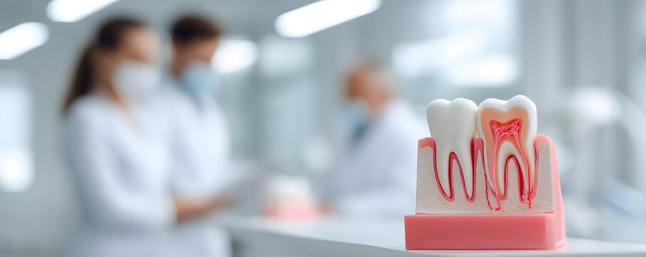 A close-up view of a dental model illustrating teeth and gums, with dentists in the background engaged in discussion, highlighting the importance of oral health and dental educatio