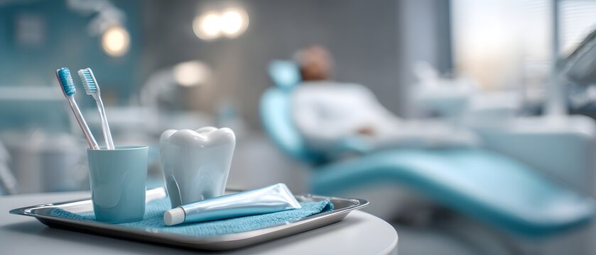 A close-up view of a dental tray with tools including toothbrushes and toothpaste, set against a serene dental office background. Perfect for health and dental care themes.