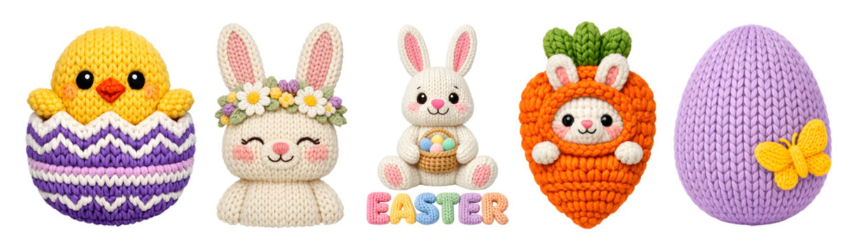 An adorable Easter illustration set of cute knitted characters. Includes a chick, bunnies, and decorative eggs. Perfect for spring holiday greetings, kids' crafts, and festive party decor