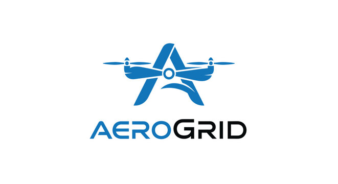 Blue A Letter Logo with Drone Propeller Design for AeroGrid, isolated white background.