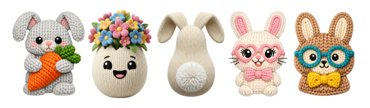A charming Easter illustration set of cute knitted bunny characters and a happy egg. Features bunnies with carrots, glasses, and flowers. Ideal for spring holiday cards and festive party decorations