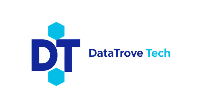 Blue DT Lettermark Logo with Hexagon Elements for DataTrove Tech, isolated white background.