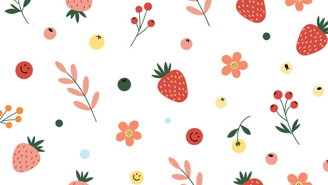 Cute and simple seamless pattern with cartoon strawberries, flowers, berries, and smiling faces on a clean white background.