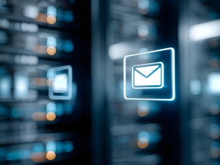 Fototapeta premium A digital representation of an email icon illuminated in a data center, showcasing modern technology and communication systems with glowing elements around server racks.