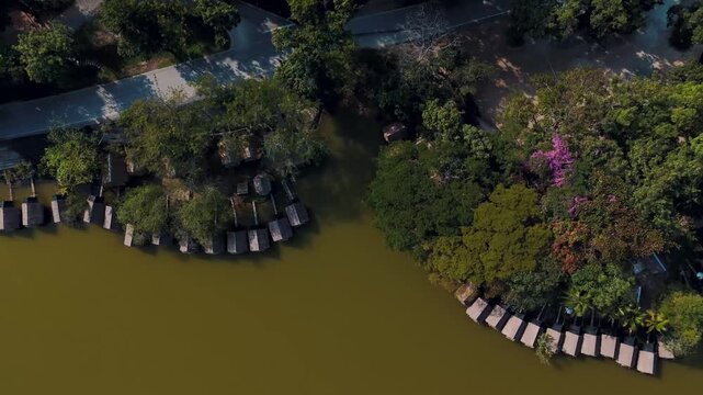 Top Down Traditional bamboo huts on Huay Tueng Thao Reservoir Chiang Mai Thailand