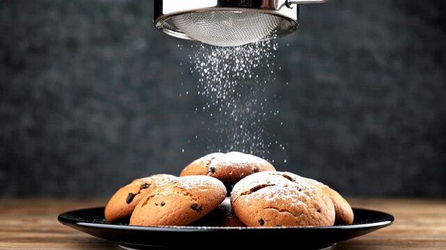 Delicious cookies being dusted with powdered sugar in a dark kitchen setting, highlighting the texture and warmth of baked treats